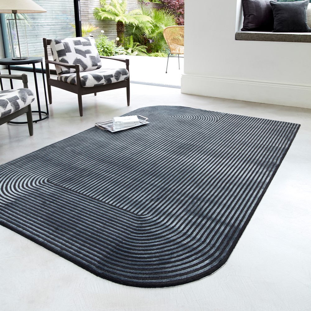 Kuza Shape Abstract Stripe Modern Rugs in Black Charcoal